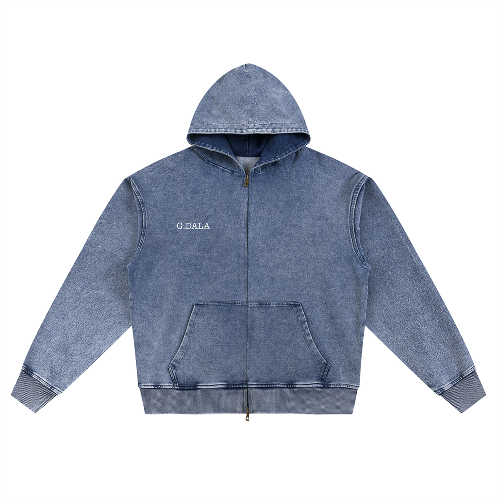 Infinite Mandala - Washed Denim Zip-Up Hoodie